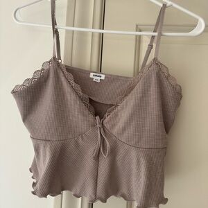 Garage Taupe Ribbed Going Out Top with Lace